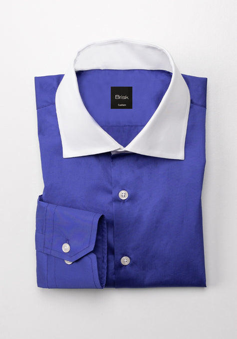 Royal Blue Satin Shirt - Contrast Collar