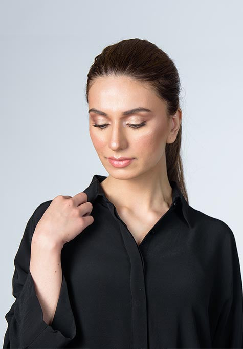 BLACK SILK CHARMEUSE SHIRT (WRINKLE RESISTANT)