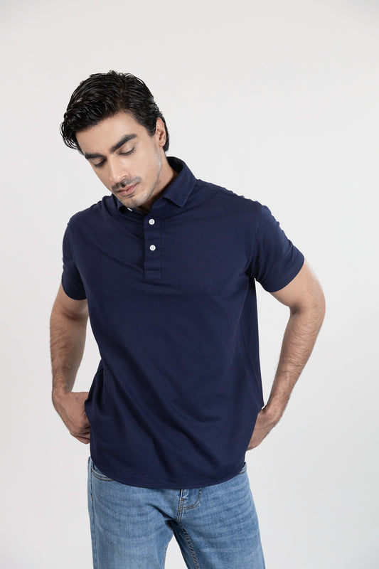 Midnight Blue Feather Soft Piqué Half Sleeve Polo Shirt