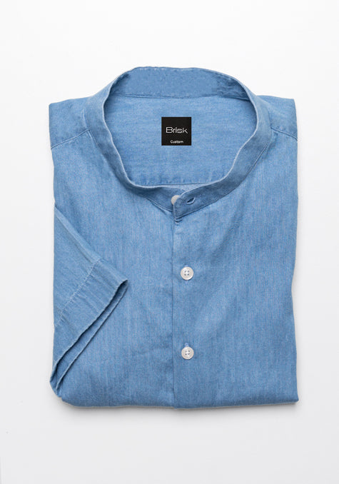 SUMMER DENIM LIGHT WASH SHIRT - HALF SLEEVES BAND COLLAR