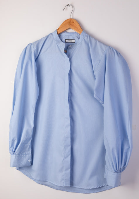 Soft Blue Pinstripes Shirt - Puff Sleeves - Sale