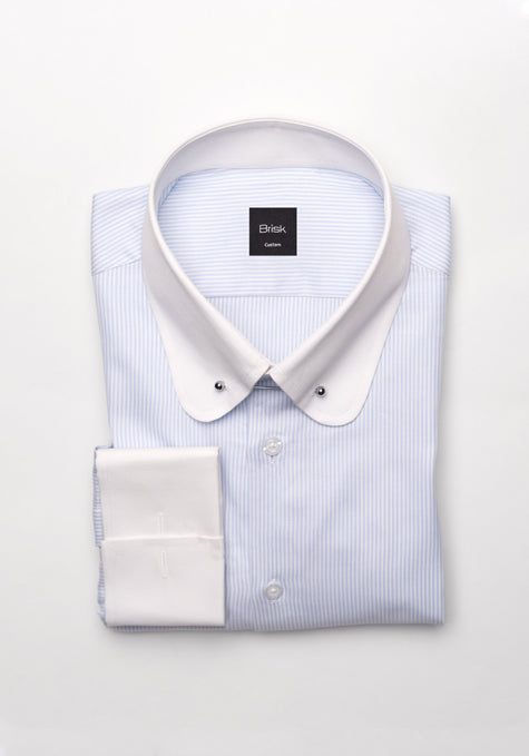 Fine Pastel Blue Twill Stripes Shirt - White Club Collar With Pin - Sale