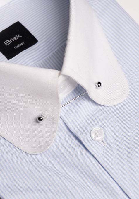 Fine Pastel Blue Twill Stripes Shirt - White Club Collar With Pin - Sale