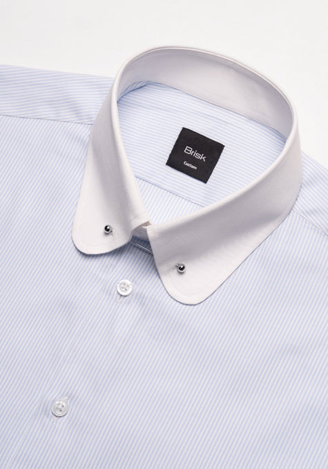 Fine Pastel Blue Twill Stripes Shirt - White Club Collar With Pin - Sale