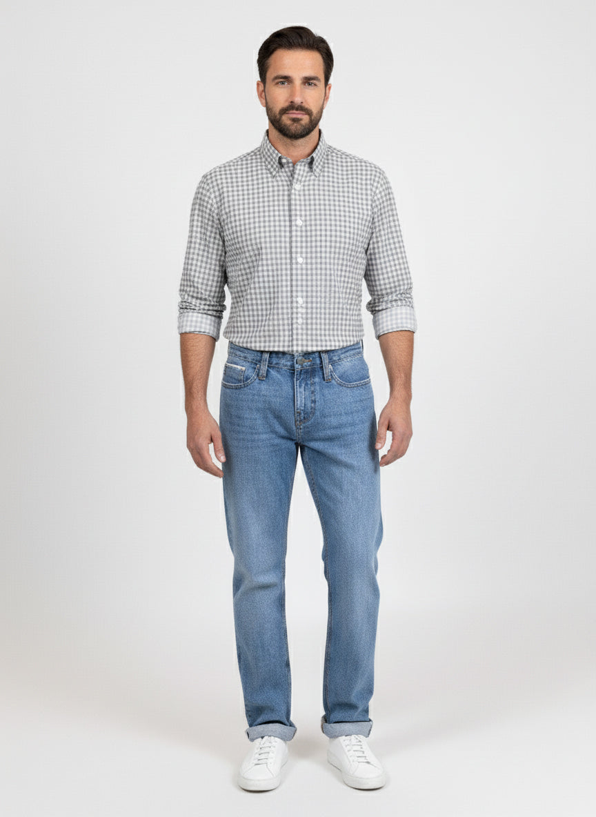 Melange Grey Peached Soft Gingham Shirt - Wrinkle Resistant