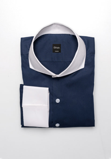 Navy Blue Egyptian Shirt - White Collar & French Cuffs - Sale