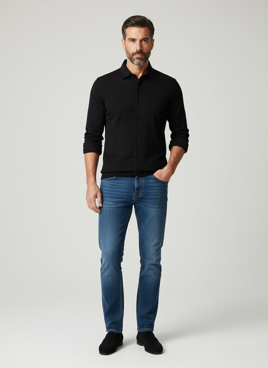 Washed Black Feather Soft Piqué Shirt - Cut Away Collar With Hidden Button Down