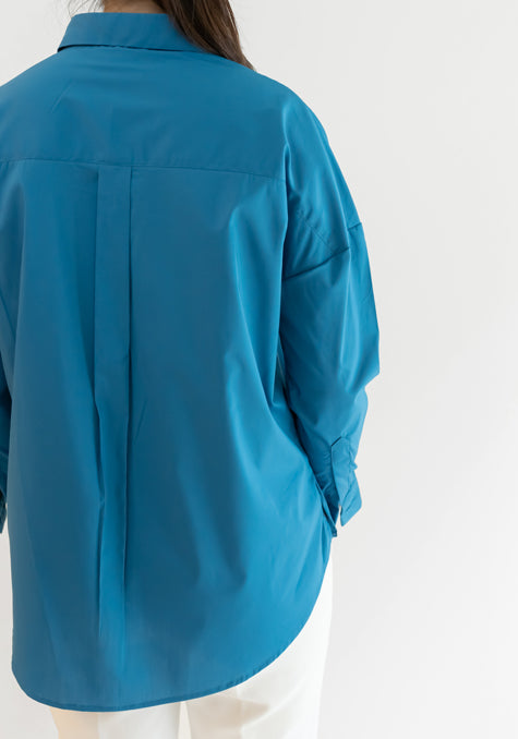 Teal Blue Stretch Balloon Sleeve Relaxed Fit Shirt - Sale