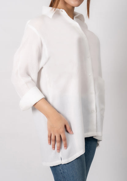 White Crinkled Gauze Shirt- Classic Straight - Sale