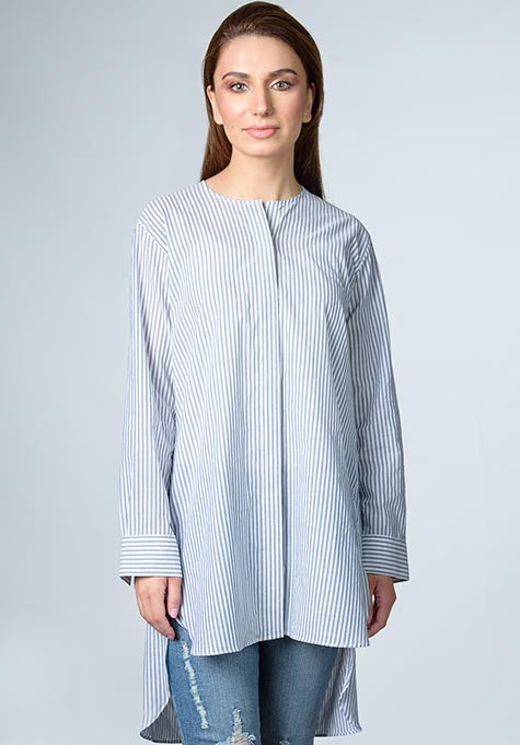 GREY LIGHT WEIGHT STRIPES STRETCH LONG SHIRT - SALE