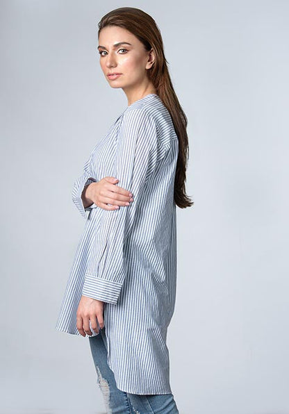 GREY LIGHT WEIGHT STRIPES STRETCH LONG SHIRT - SALE