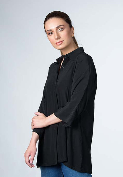 BLACK SILK CHARMEUSE SHIRT (WRINKLE RESISTANT) - SALE