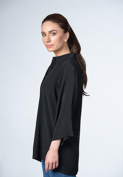BLACK SILK CHARMEUSE SHIRT (WRINKLE RESISTANT) - SALE
