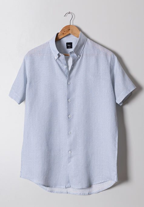 White Blue Summer Printed Linen Shirt