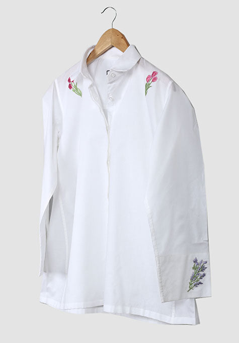 White Oversized Lightweight Embroidered Shirt - Sale
