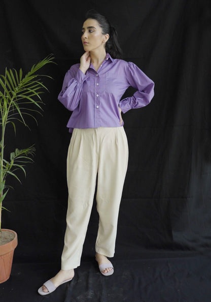 LILAC LIGHTWEIGHT BALLOON SLEEVE CROPPED SHIRT