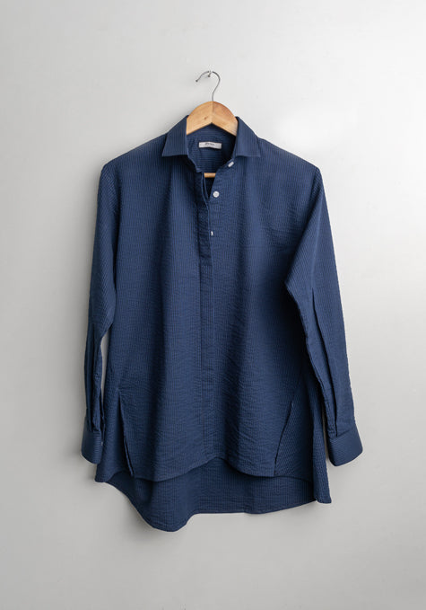 Black & Navy Stretch Relaxed Seersucker Stripes Shirt - Sale