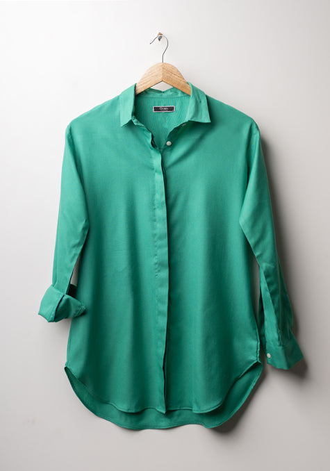 Sea Green Mini Self Textured Winter Long Shirt - Sale