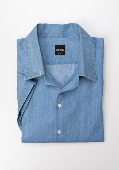 SUMMER DENIM LIGHT WASH SHIRT - HALF SLEEVES CAMP COLLAR