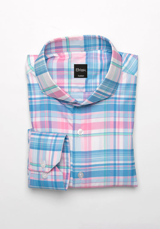 Wrinkle-Free Blue-Pink Performance Stretch Plaid Shirt - Sale