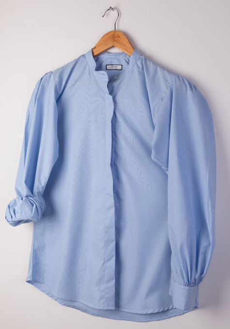 Soft Blue Pinstripes Shirt - Puff Sleeves - Sale