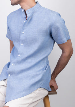 Pastel Blue Cotton Linen Lightweight Shirt Half Sleeves - Sale