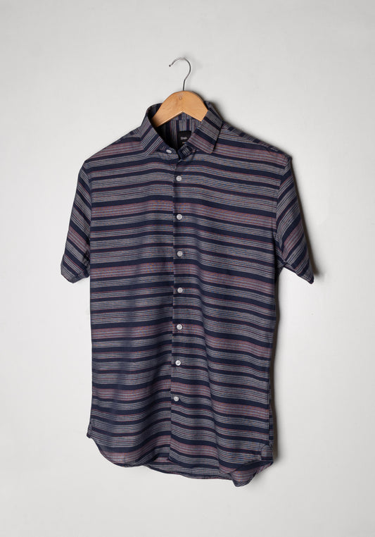 Blue Red Bold Horizontal Stripes Shirt - Half Sleeves