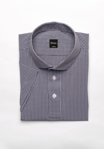 Grey Mini Checkered Four-Way Performance Stretch Half Sleeves Shirt - Sale