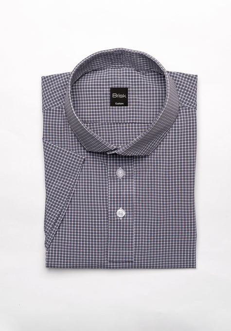 Grey Mini Checkered Four-Way Performance Stretch Half Sleeves Shirt - Sale