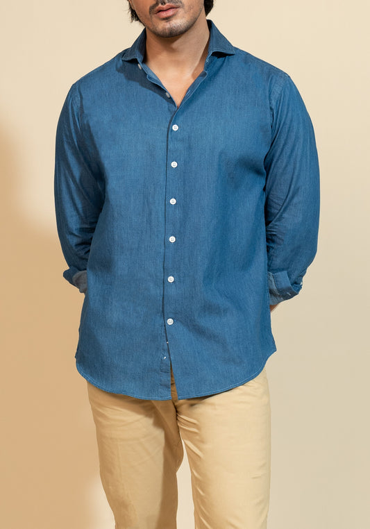 DENIM DARK WASH SHIRT - CUT AWAY EXTREME COLLAR