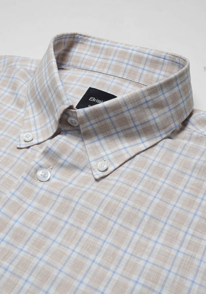 Beige Blue Tartan Cotton Linen Shirt-1