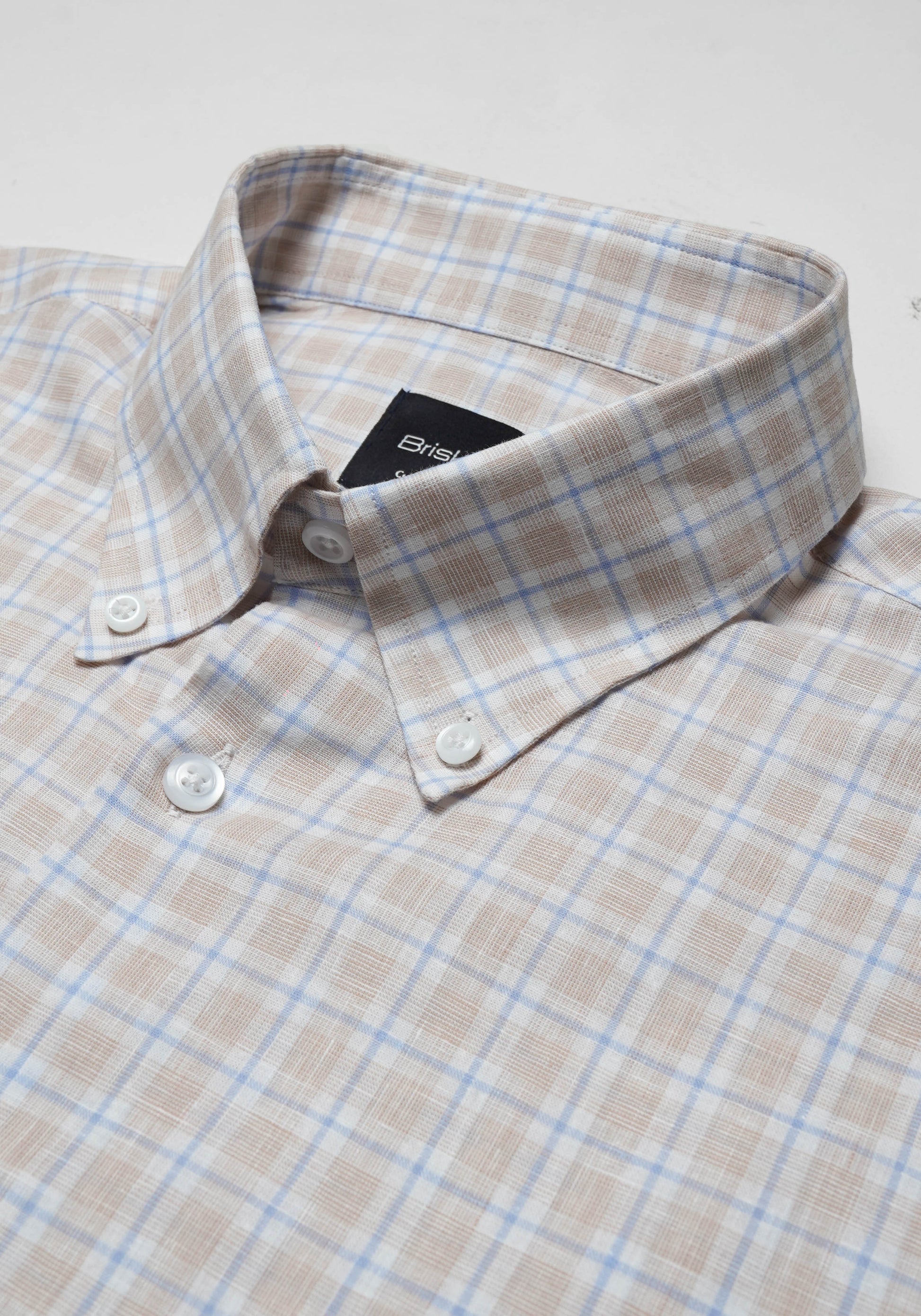 Beige Blue Tartan Cotton Linen Shirt-2