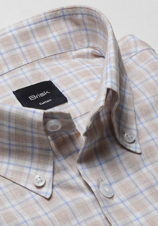 Beige Blue Tartan Cotton Linen Shirt