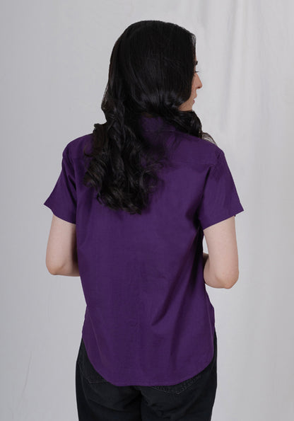 Deep Purple Cropped Notch Collar Shirt - Short Sleeves