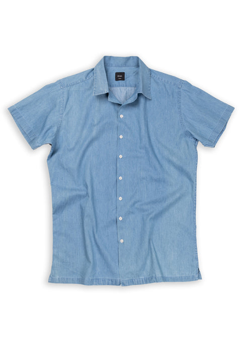 SUMMER DENIM LIGHT WASH SHIRT - HALF SLEEVES CAMP COLLAR