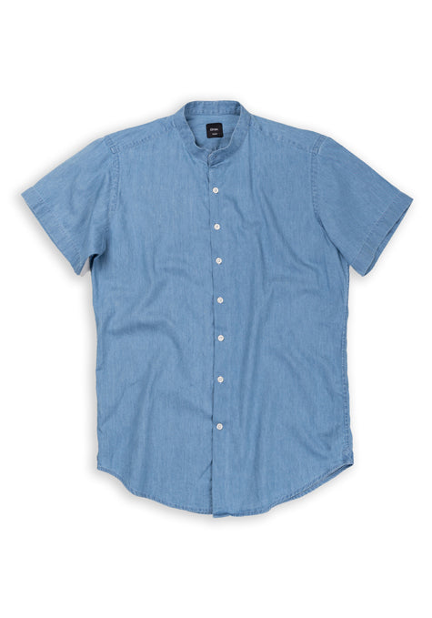 SUMMER DENIM LIGHT WASH SHIRT - HALF SLEEVES BAND COLLAR