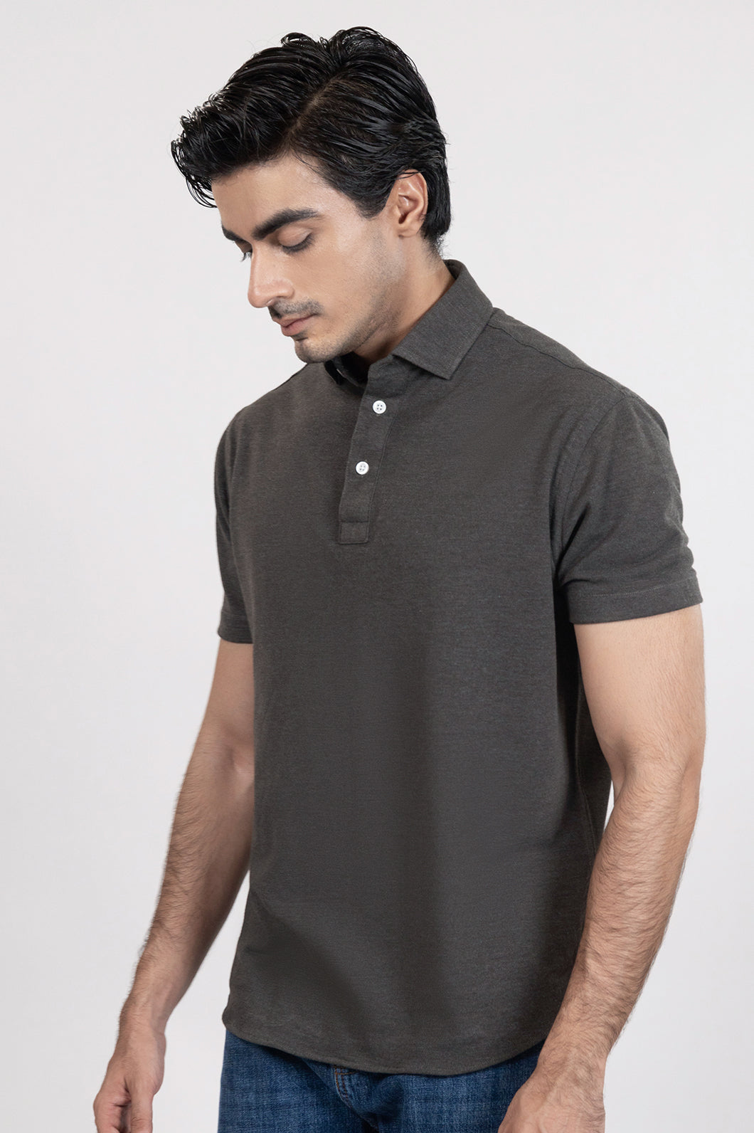 Charcoal Grey Feather Soft Piqué Half Sleeve Polo Shirt-1