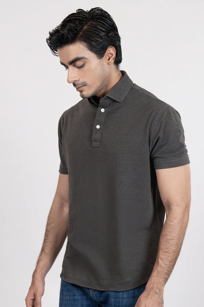 Charcoal Grey Feather Soft Piqué Half Sleeve Polo Shirt-1