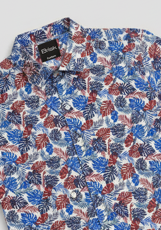Red & Blue Floral Cotton linen Printed Half Sleeves Shirt - Sale