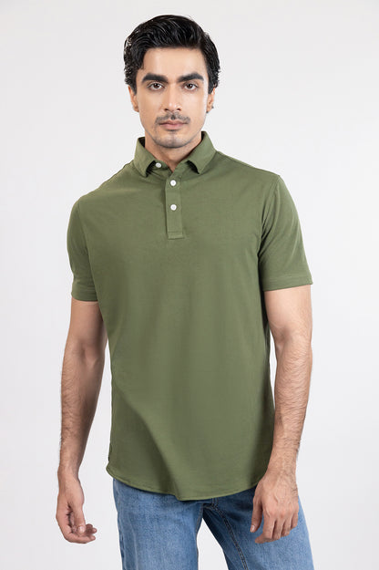 Military Green Feather Soft Piqué Half Sleeve Polo Shirt-1
