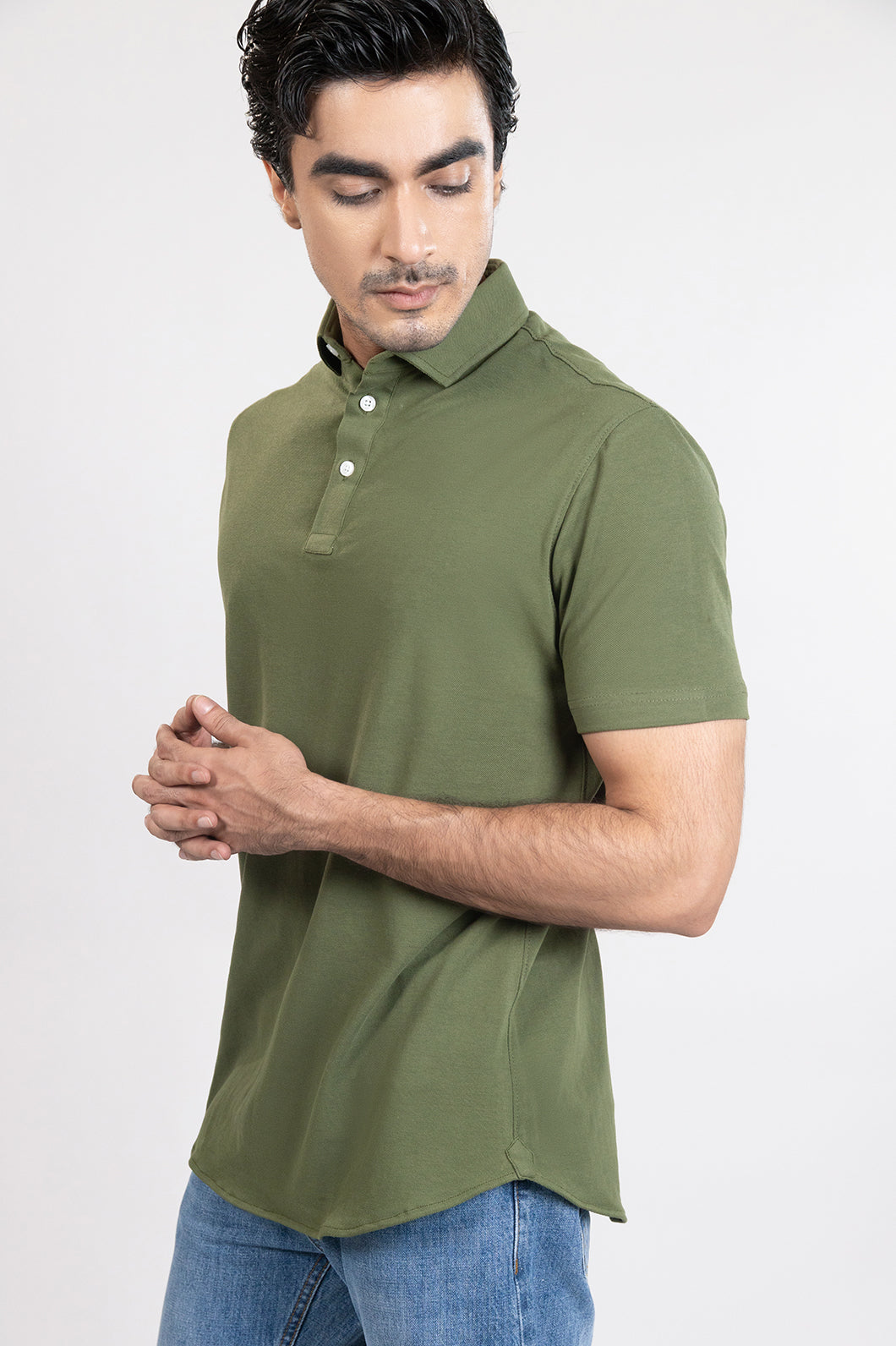 Military Green Feather Soft Piqué Half Sleeve Polo Shirt-2