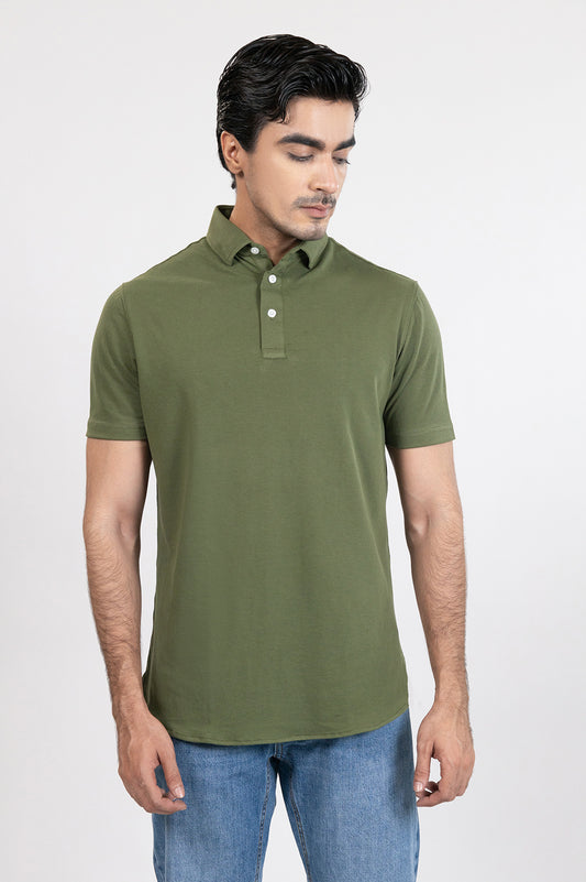 Military Green Feather Soft Piqué Half Sleeve Polo Shirt