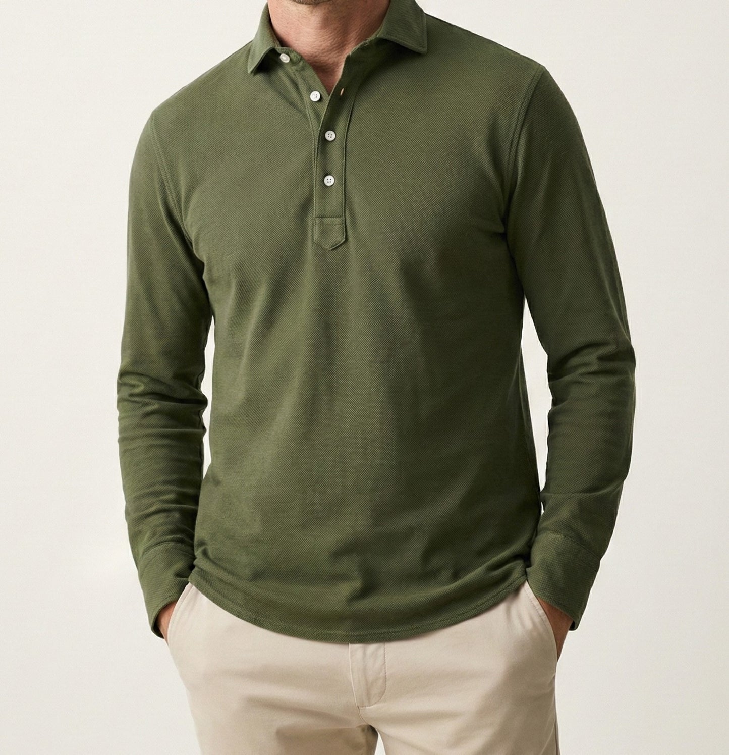 Military Green Feather Soft Piqué Popover Full Sleeve Polo Shirt