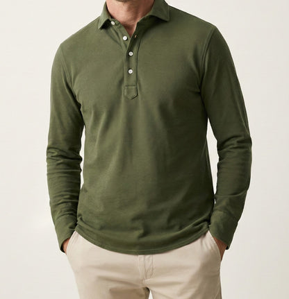 Military Green Feather Soft Piqué Popover Full Sleeve Polo Shirt
