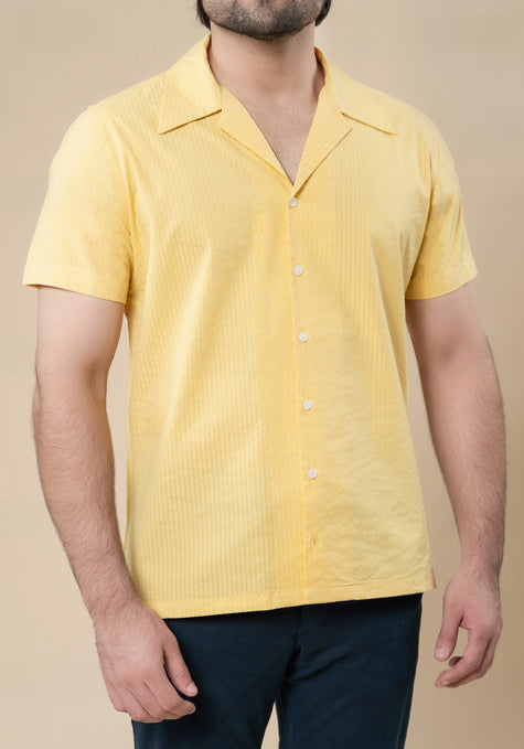 Mustard Seersucker Shirt - Camp Collar - Sale