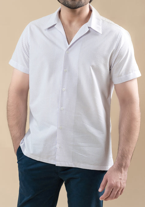 Pastel Lavender Seersucker Stripes Shirt- Camp Collar
