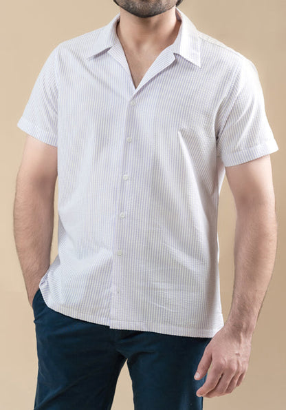 Pastel Lavender Seersucker Stripes Shirt- Camp Collar
