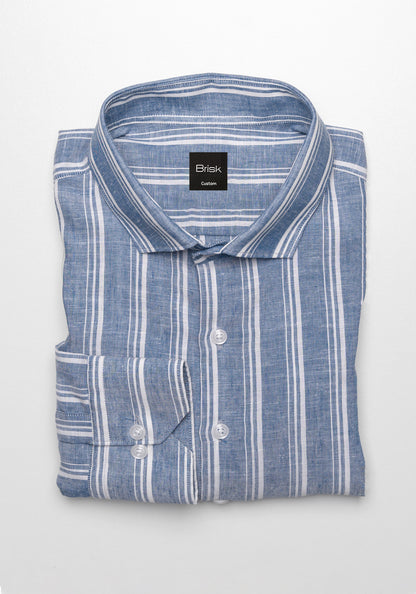 White On Greyish Blue Tencel Linen Stripes Shirt - SALE