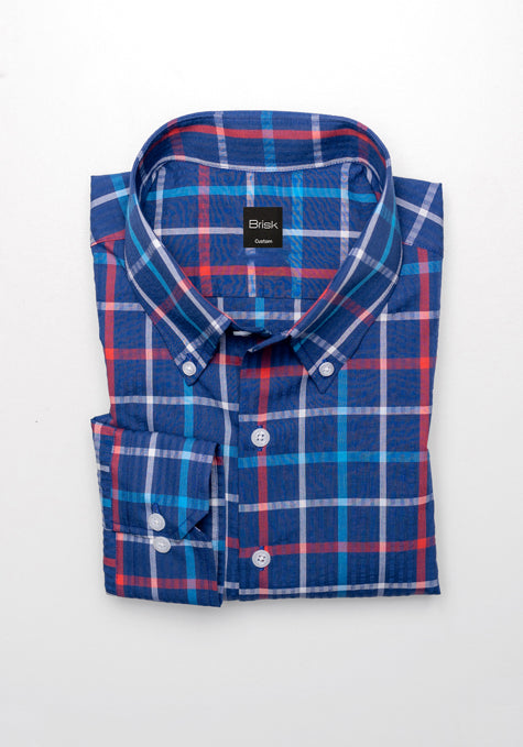 Multi Blue Checkered Seersucker Shirt - Button Down Collar - SALE