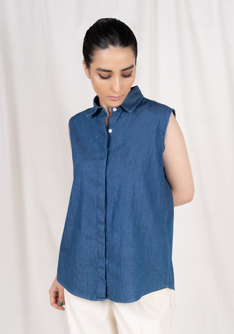 SUMMER DENIM DARK WASH SLEEVELESS SHIRT